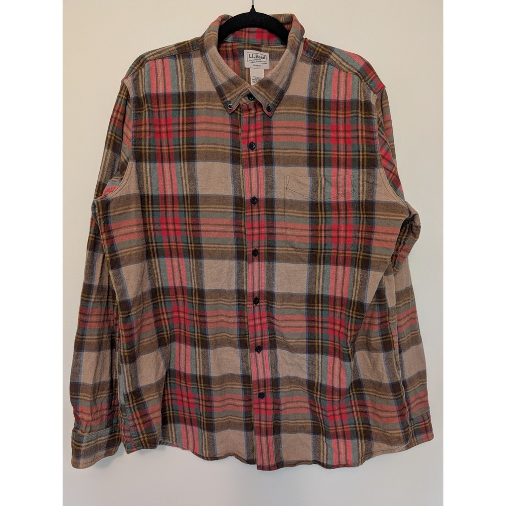 LL Bean Mens XL Reg Slim Fit Flannel Button Down Shirt Multicolor Plaid Cotton
